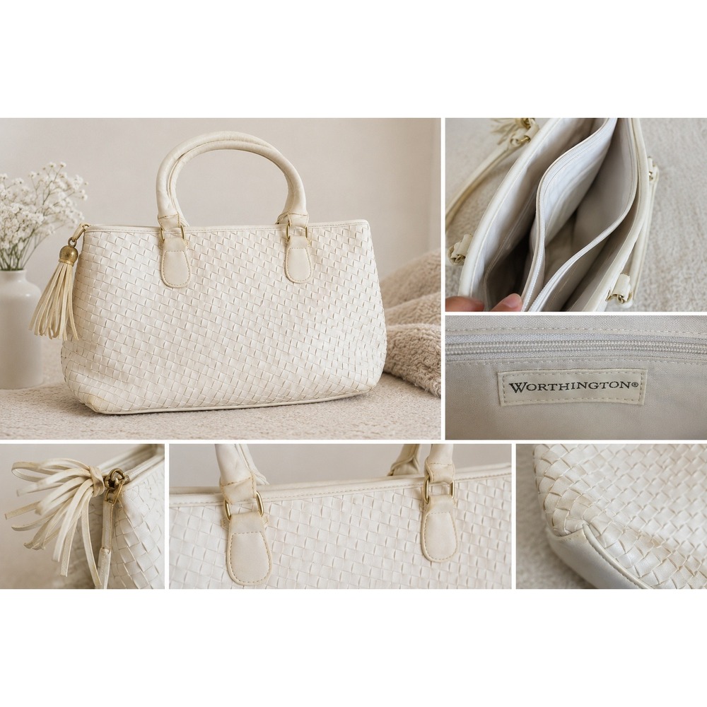 Worthington Vintage White Woven Leather Satchel Purse Tassel Zip Handbag